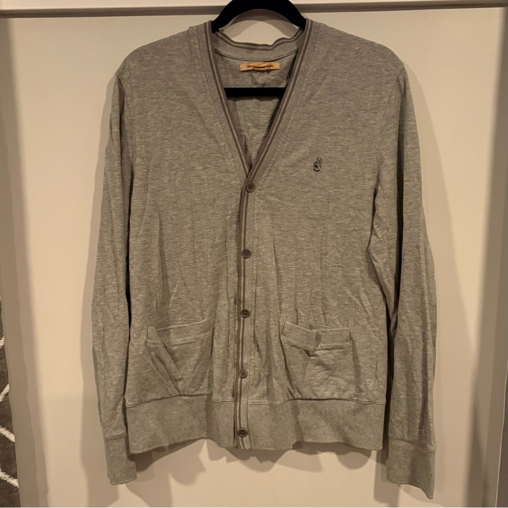 John Varvatos USA Men M Cardigan Sweater Gray Cotton Lng Sleeve Peace Academia